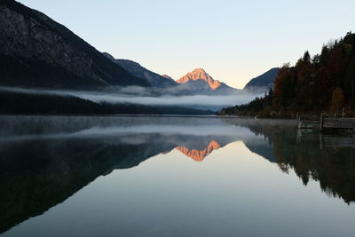 Scenic view of lake and mountains against clear sky