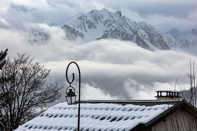 Scenic view of snowcapped mountains against sky