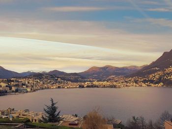 Scenic view of lake and mountains against sky