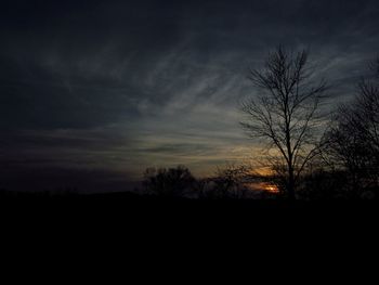 Silhouette bare trees on landscape against sky at sunset