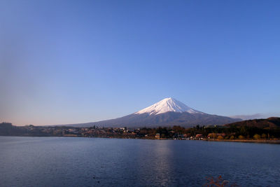 Scenic view of snowcapped mountain against blue sky