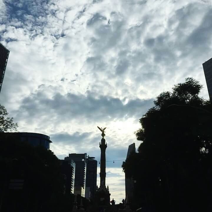 building exterior, architecture, built structure, sky, cloud - sky, silhouette, low angle view, city, cloudy, building, cloud, tall - high, tower, tree, skyscraper, outdoors, statue, no people, dusk, residential building