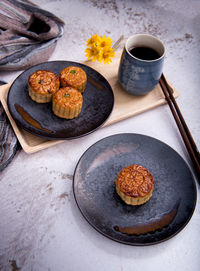 High angle view of breakfast on table