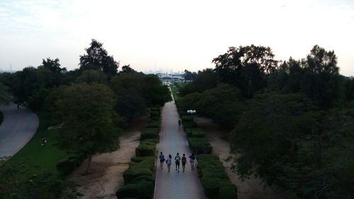 People on road amidst trees against sky