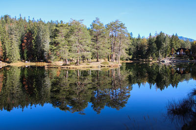 Scenic view of lake against clear blue sky