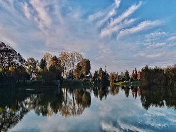 Panoramic view of lake against sky during sunset