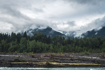 Scenic view of lake against cloudy sky