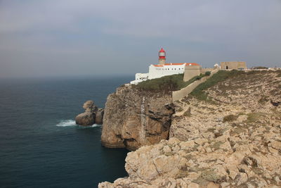 Lighthouse on cliff by sea