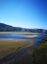 Scenic view of beach against clear blue sky