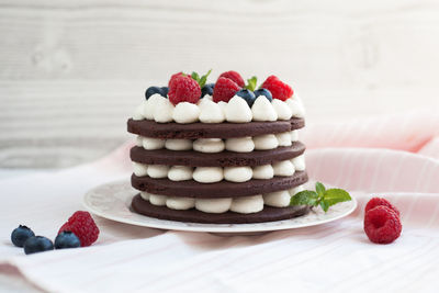 Close-up of strawberry cake on table