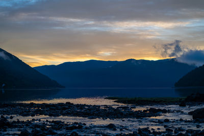 Scenic view of lake against sky during sunset