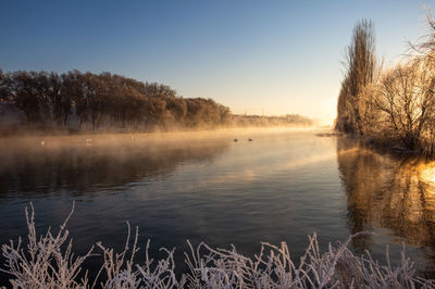 Scenic view of lake against clear sky