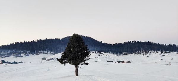 Scenic view of snow covered landscape against clear sky in gulmarag kashmir
