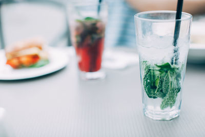 Close-up of water in glass on table