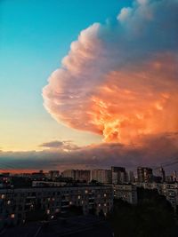 High angle view of buildings against sky during sunset