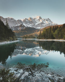 Scenic view of lake by mountains against sky