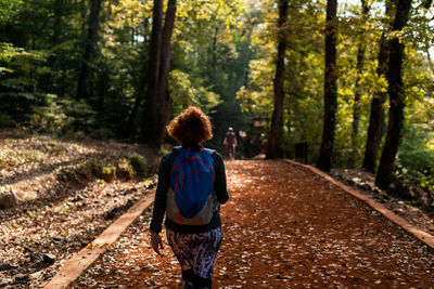 Rear view of woman walking on footpath in forest