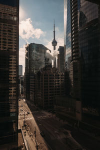 Buildings in downtown toronto, canada with cn tower in background.