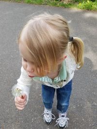 Portrait of cute girl blowing over dandelion