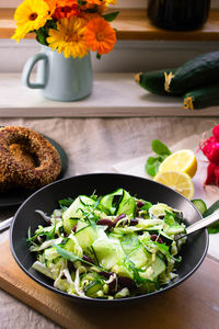 High angle view of food in plate on table
