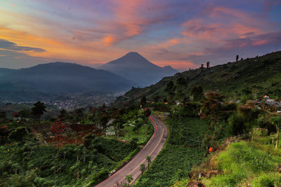 High angle view of landscape against sky during sunset