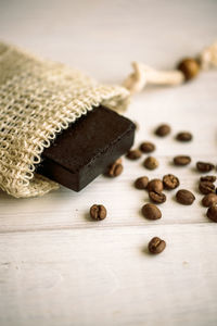 High angle view of coffee beans on table