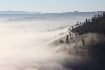 Misty landscape against clear sky