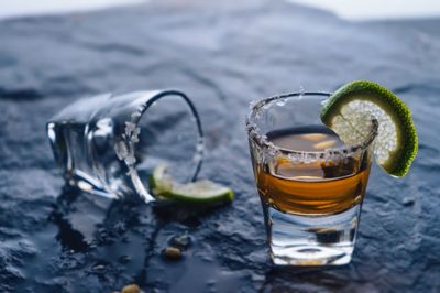 High angle view of whiskey on table