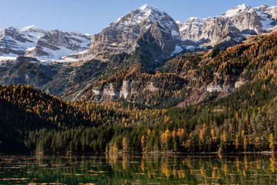 Scenic view of lake and mountains against sky