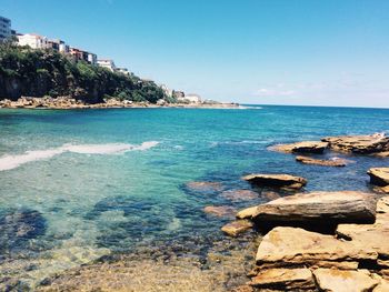 Scenic view of sea against clear blue sky