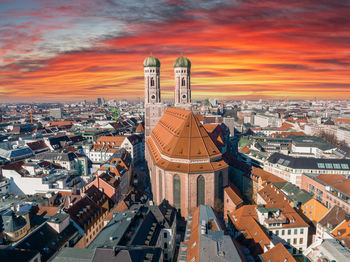 Aerial view on marienplatz town hall and frauenkirche in munich