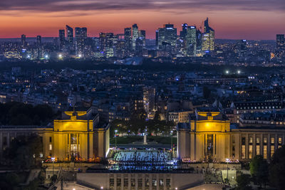 Aerial view of la defense and trocadero  in paris at sunset