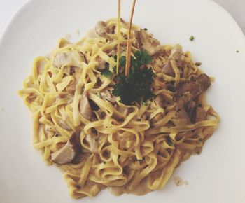 High angle view of noodles served in plate
