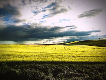 Scenic view of field against cloudy sky