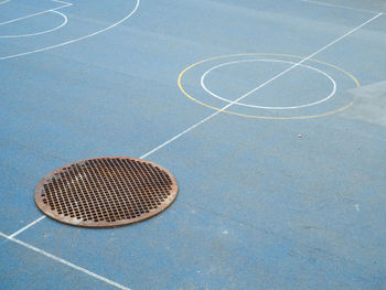 High angle view of metallic structure on basketball court