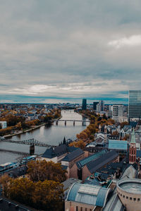 High angle view of buildings against cloudy sky