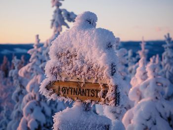 Close-up of text on snow covered land against sky