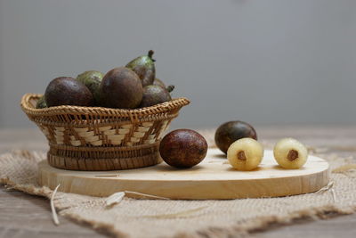 Close-up of fruits in basket on table