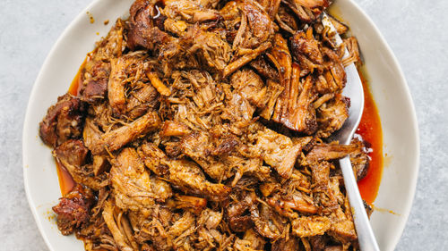 Pulled pork detail on a platter