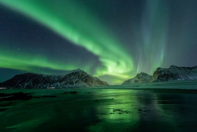 Scenic view of snowcapped mountains against sky at night