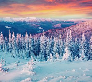 Scenic view of snowcapped mountains against sky during sunset