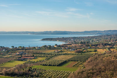 Aerial view of the lake garda with sirmione and desenzano in bachground