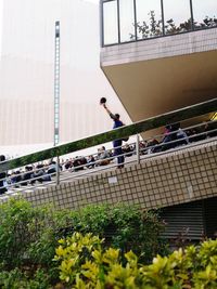 People working on flower in city