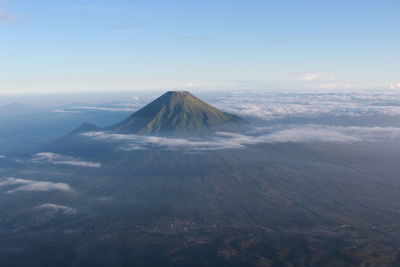 Aerial view of snowcapped mountains against sky