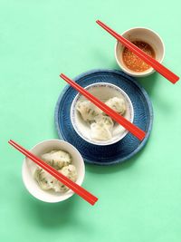 High angle view of soup in bowl on table