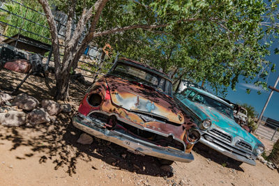 Abandoned car by tree