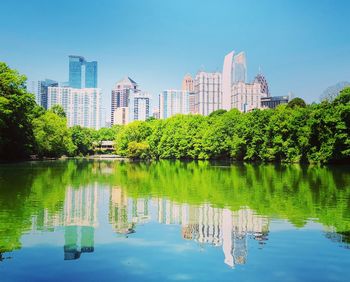 Scenic view of lake by buildings against sky