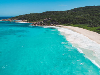 Scenic view of sea against blue sky