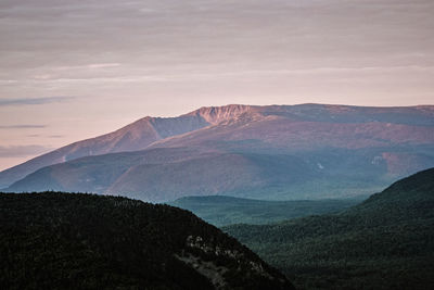 Scenic view of mountains against sky during sunset