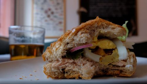 Close-up of burger on table